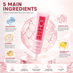 Elle Hoe brightening serum with labeled ingredients on a pink background