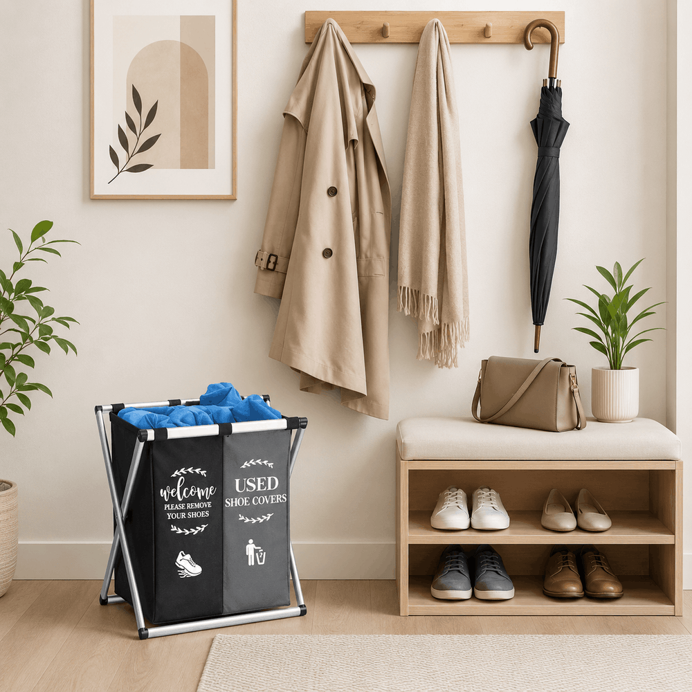Entryway with coat, umbrella, and shoes, featuring a used shoe covers bin.