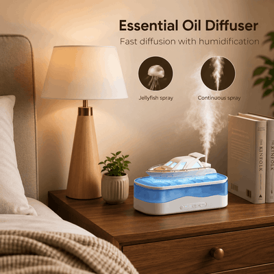 Essential oil diffuser on a bedside table with a lamp and books in a cozy room.