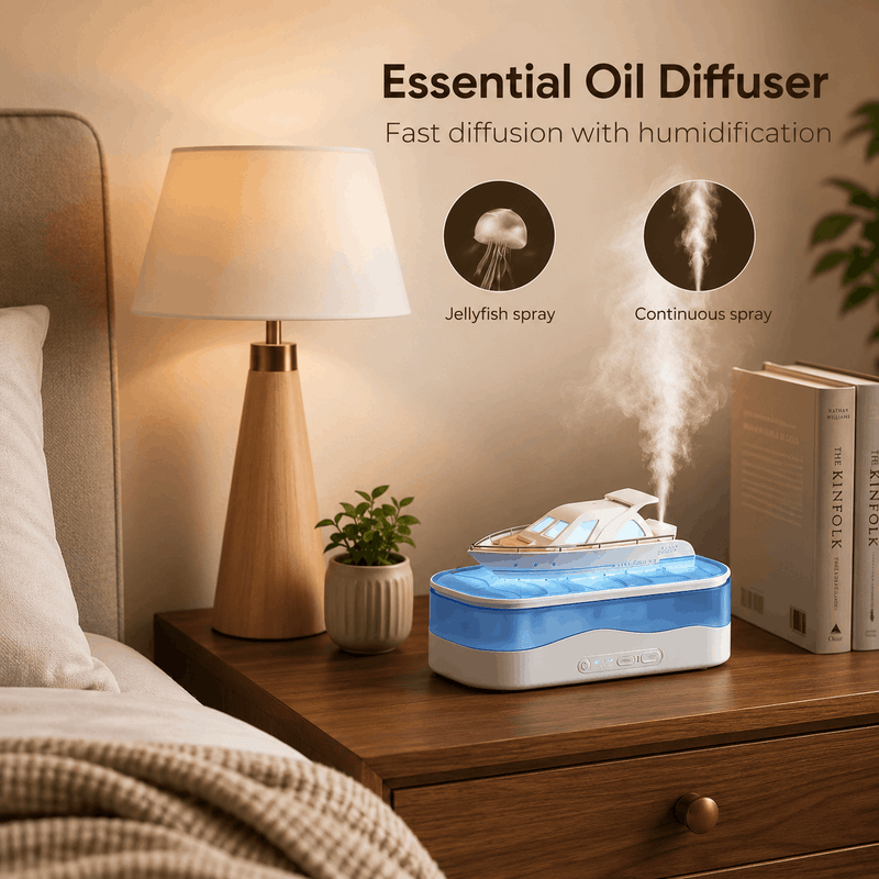 Essential oil diffuser on a bedside table with a lamp and books in a cozy room.