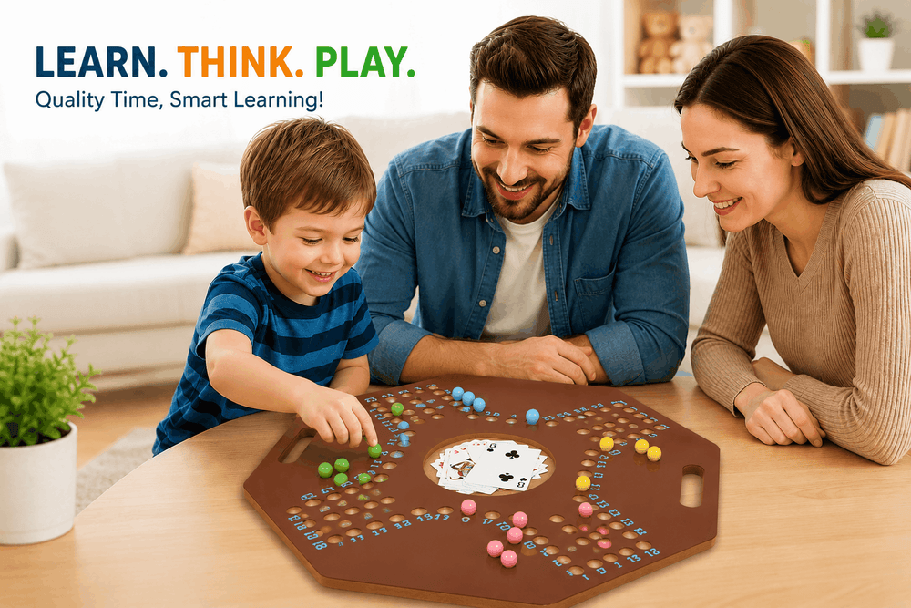 Family playing a board game together in a living room with 'Learn. Think. Play.' text above.