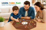 Family playing a board game together in a living room with 'Learn. Think. Play.' text above.