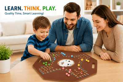Family playing a board game together in a living room with 'Learn. Think. Play.' text above.