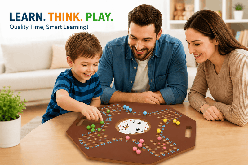 Family playing a board game together in a living room with 'Learn. Think. Play.' text above.