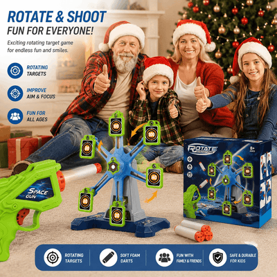 Family with children playing with a 'Rotate & Shoot' toy set in front of a Christmas tree.