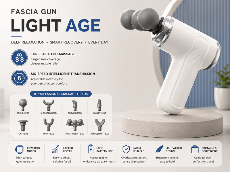 Fascia gun with features and benefits displayed on a white background