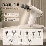 Fascial gun with massage heads displayed on a neutral background