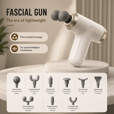 Fascial gun with massage heads displayed on a neutral background