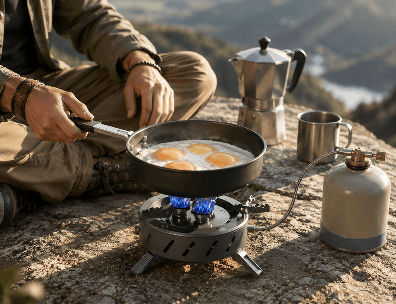 Foldable compact gas stove for outdoor camping made of stainless steel with electric ignition