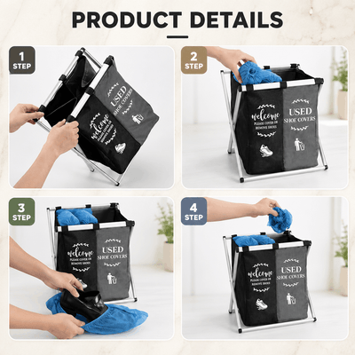 Foldable laundry basket with multiple fabric compartments and a stable metal frame for sorting clothes
