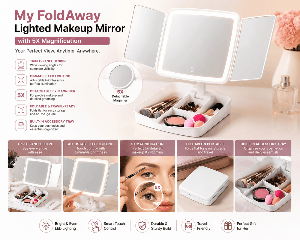 Foldable lighted makeup mirror with features highlighted on a beige background
