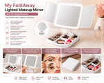 Foldable lighted makeup mirror with features highlighted on a beige background