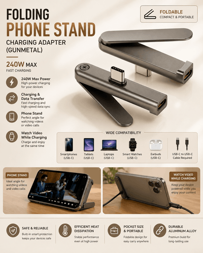 Foldable phone stand and charging adapter with features and compatibility details on a beige background