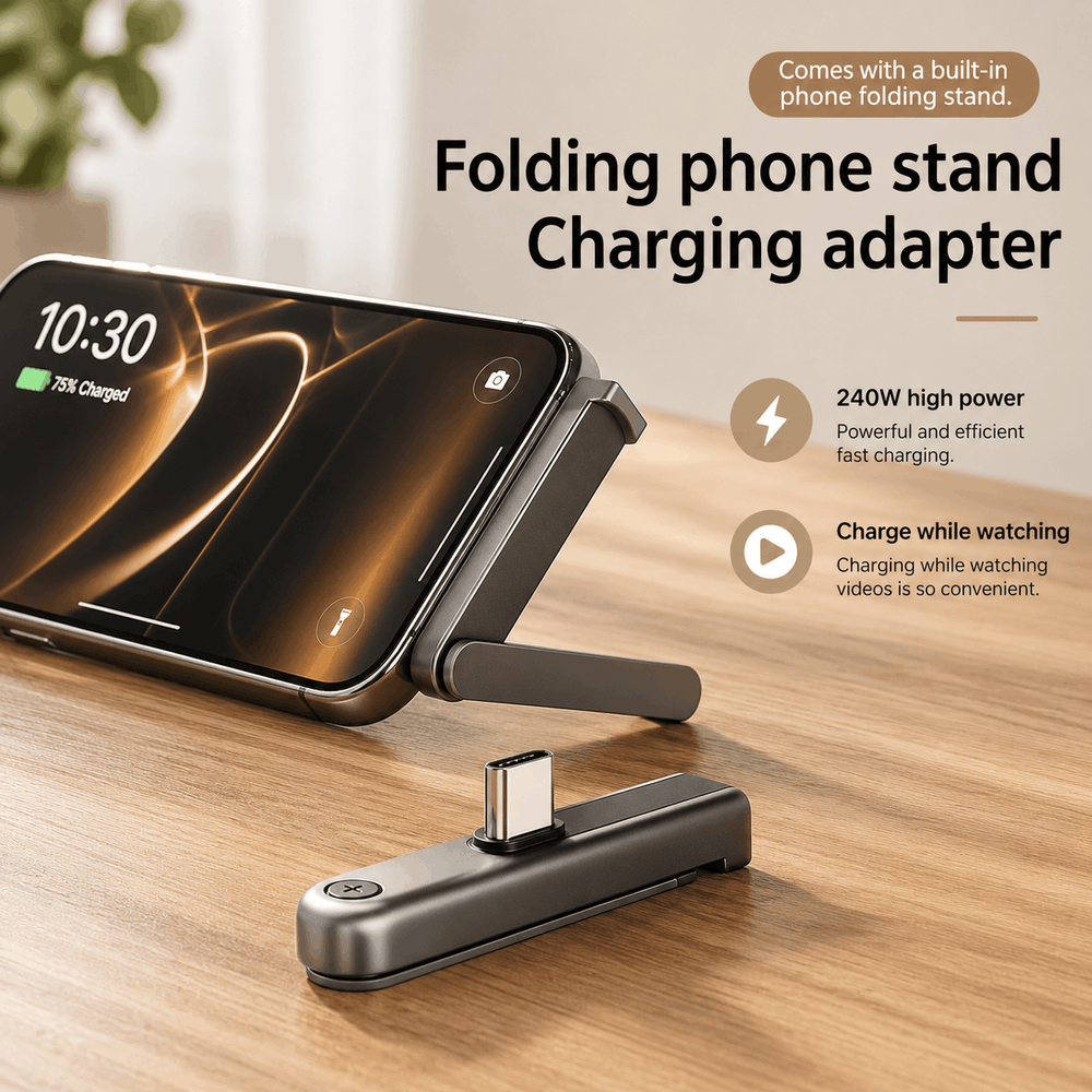 Folding phone stand and charging adapter on a wooden surface with text highlighting features.