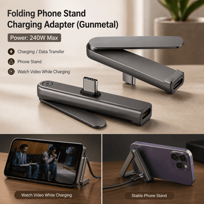 Folding phone stand and charging adapter with features listed on a neutral background