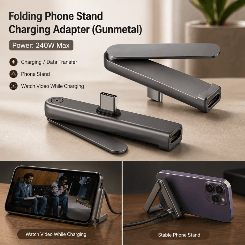 Folding phone stand and charging adapter with features listed on a neutral background