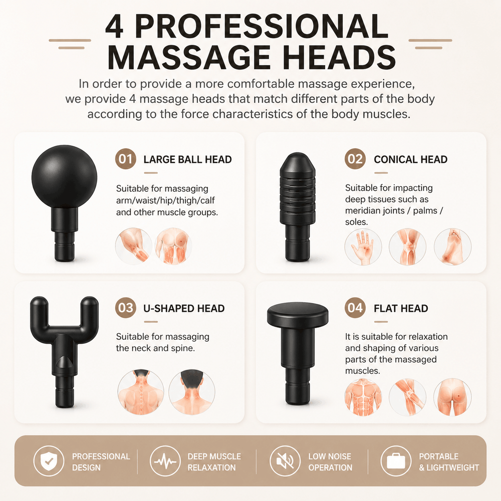 Four massage heads with descriptions and usage areas on a white background