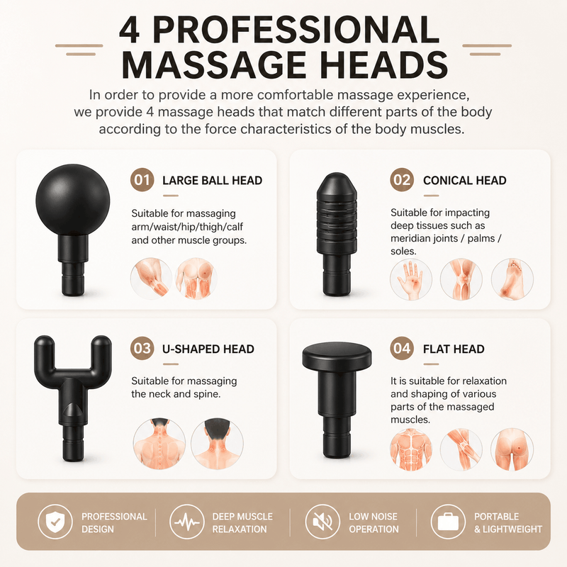 Four massage heads with descriptions and usage areas on a white background