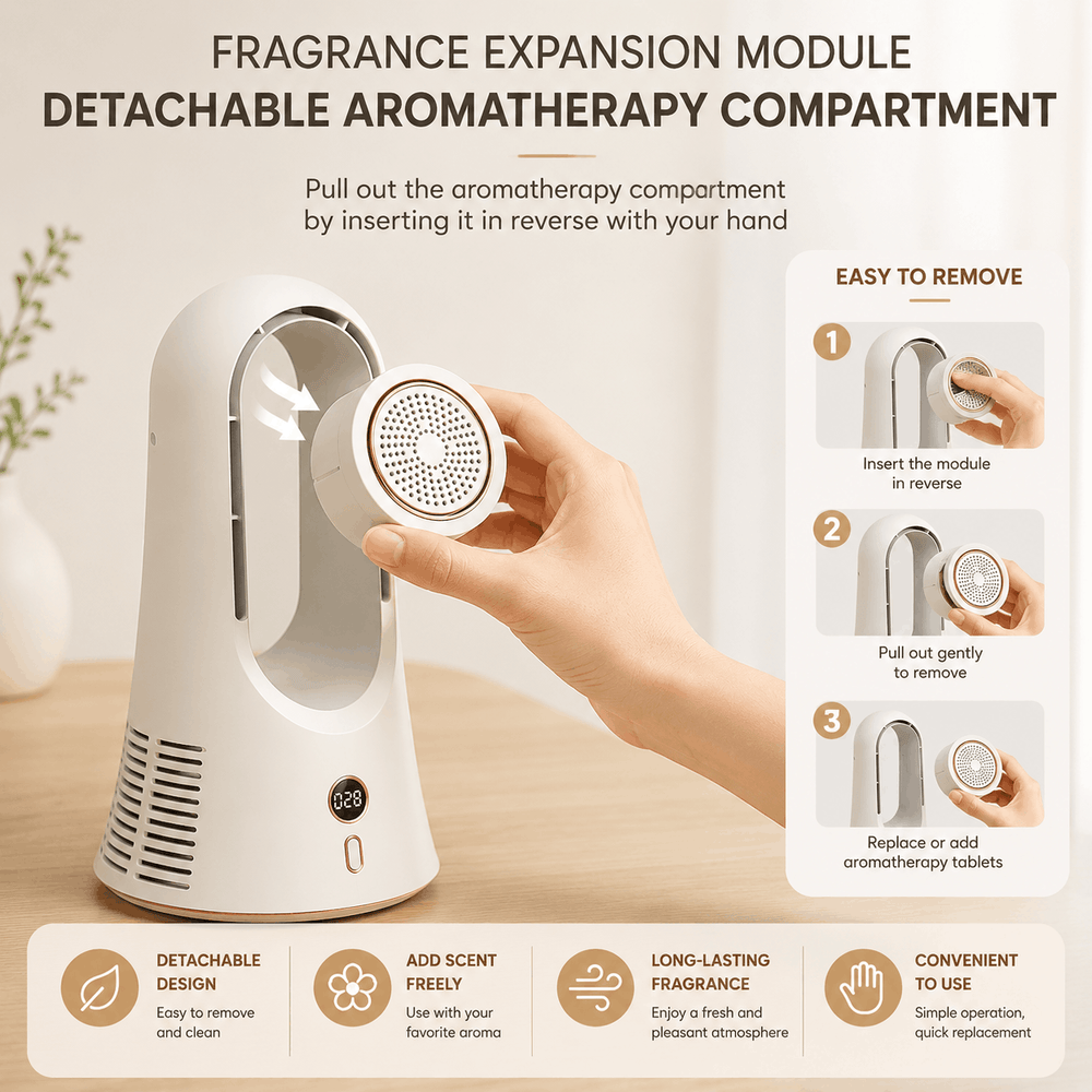Fragrance expansion module with detachable aromatherapy compartment on a neutral background