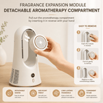 Fragrance expansion module with detachable aromatherapy compartment on a neutral background