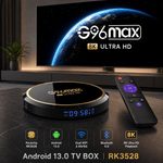 G96max TV box with remote control on a dark surface, featuring 8K Ultra HD capabilities.