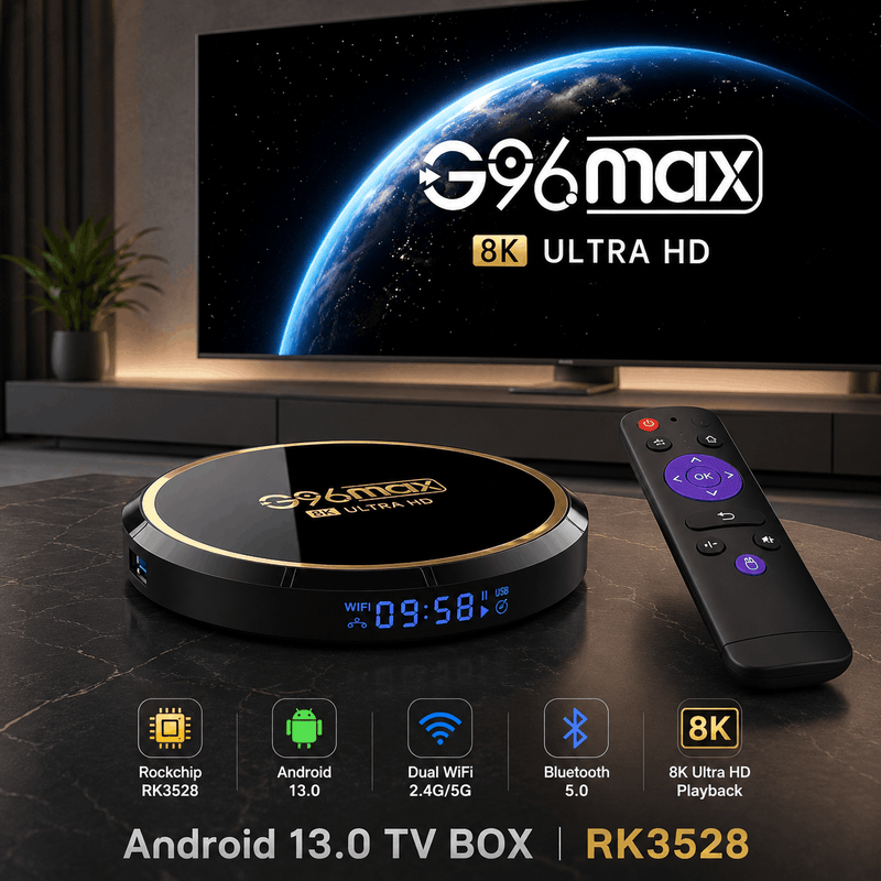 G96max TV box with remote control on a dark surface, featuring 8K Ultra HD capabilities.
