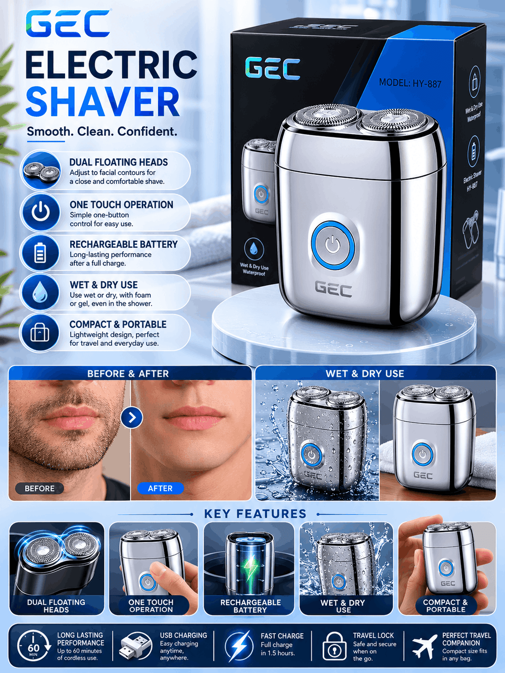 GEC electric shaver with packaging, features, and before/after images on a white background.