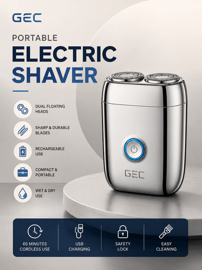 GEC portable electric shaver with features listed on a gray background