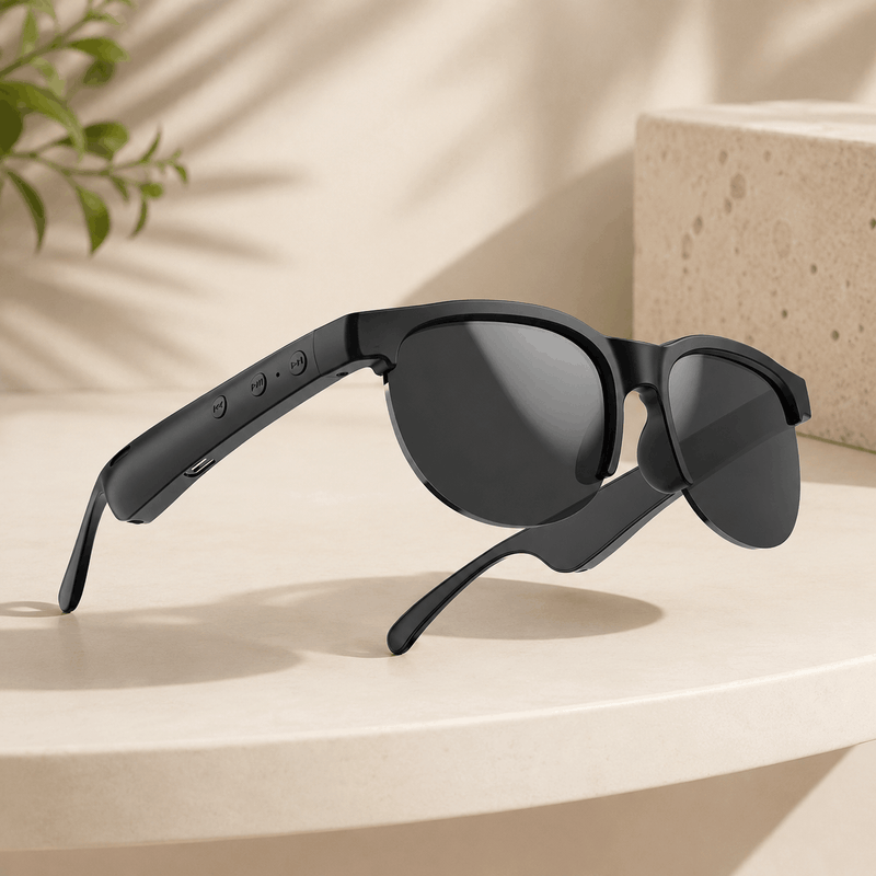 GS8 wireless bluetooth smart glasses with a lightweight sunglasses design and integrated frame control buttons