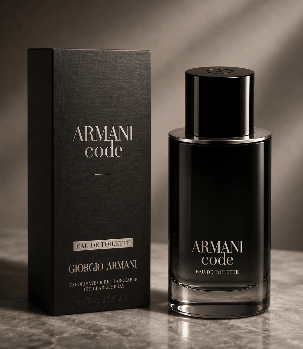 Giorgio Armani Code Eau De Toilette refillable spray in a modern glossy black cylindrical bottle