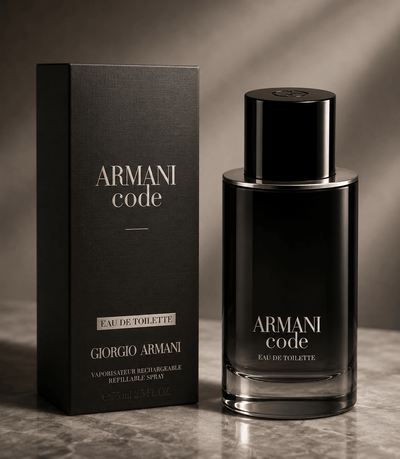 Giorgio Armani Code Eau De Toilette refillable spray in a modern glossy black cylindrical bottle