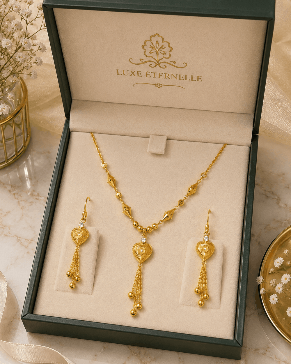 Gold necklace and earrings set in a 'LUXE ÉTERNELLE' box on a marble surface.