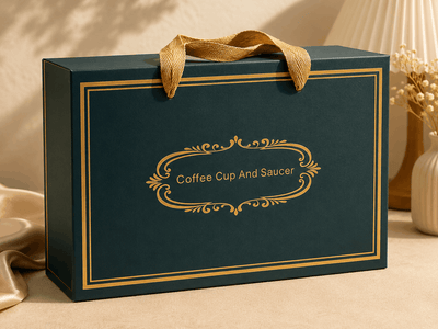 Green gift box with gold text and handle on a beige surface