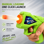 Green toy space gun with text on a gray background