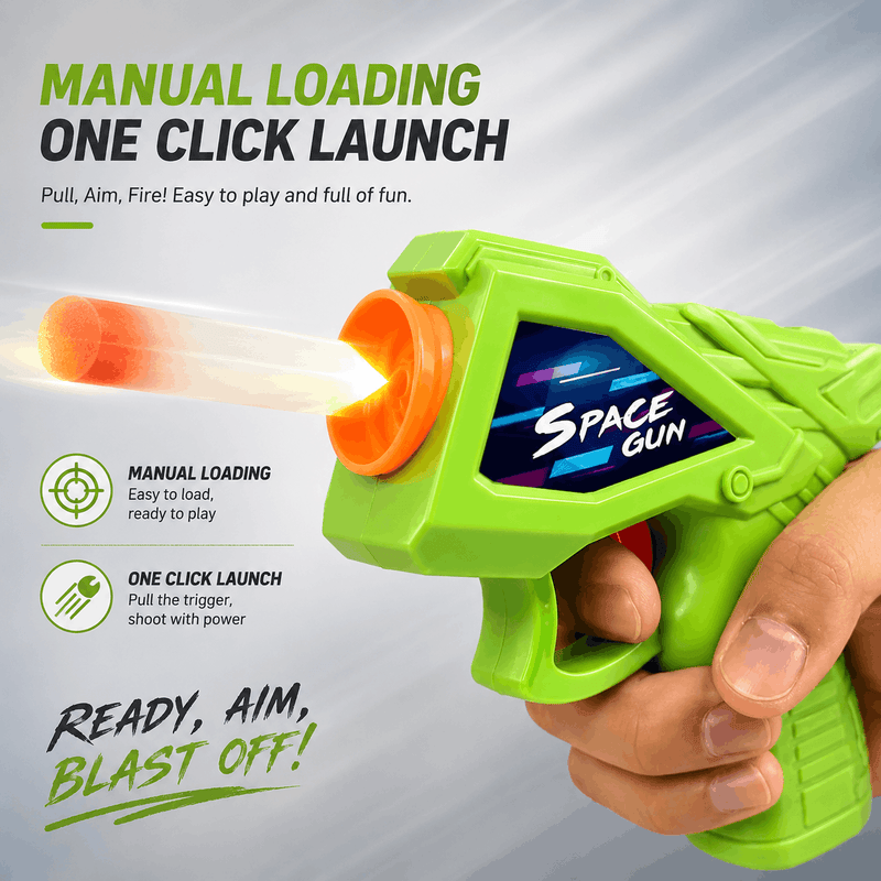 Green toy space gun with text on a gray background