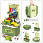 Green toy store set with various items and assembly instructions on a white background