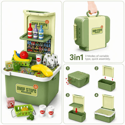 Green toy store set with various items and assembly instructions on a white background