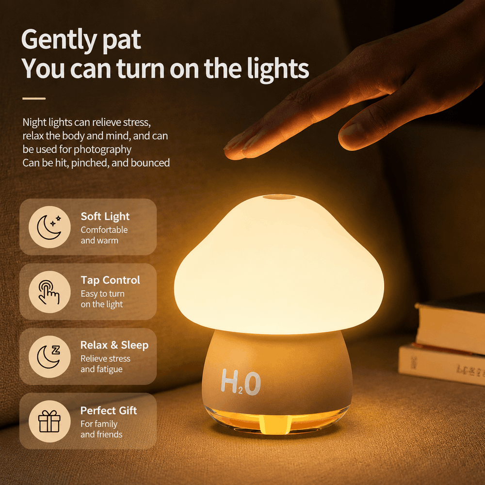 H2O mushroom-shaped night light with text on a dark background