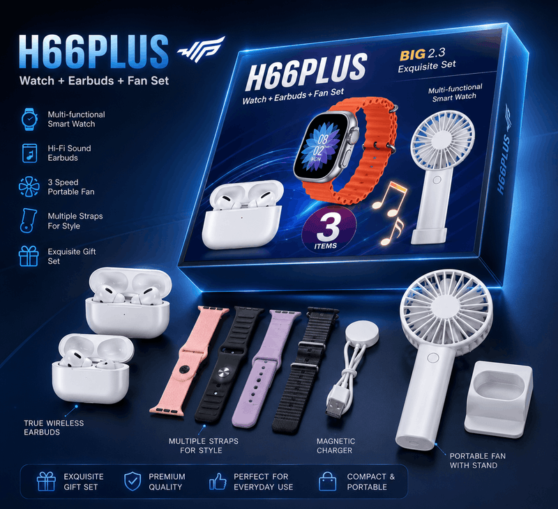H66PLUS watch, earbuds, and fan set packaging with product display on a blue background