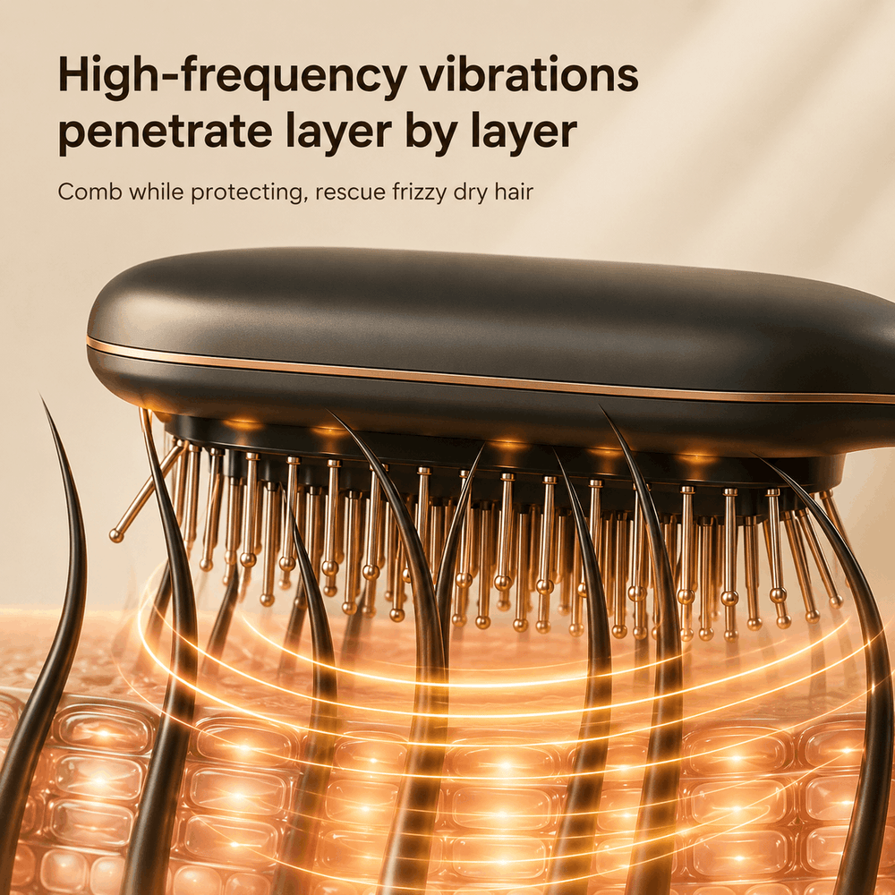 Hair comb with high-frequency vibrations technology on a beige background