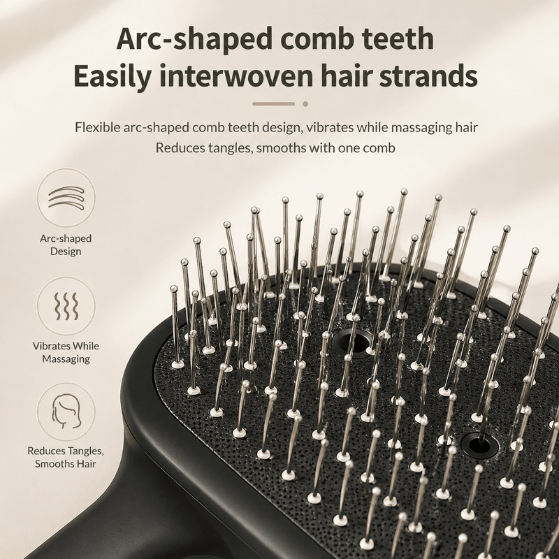Hairbrush with arc-shaped comb teeth and text describing its features on a beige background
