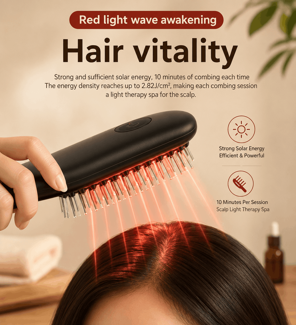 Hairbrush with red light emitting onto hair, promoting hair vitality.