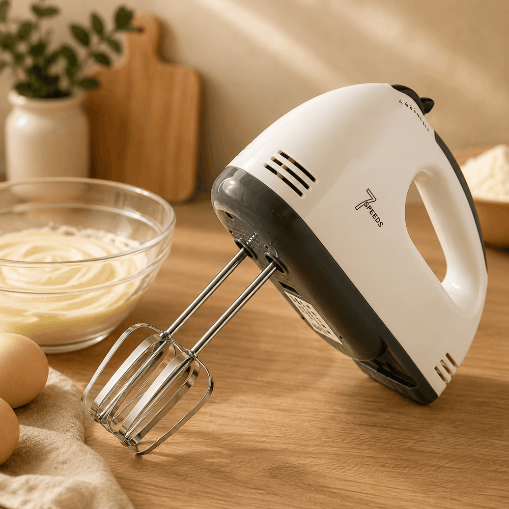 Hand mixer on a wooden table with a bowl of cream and eggs in the background
