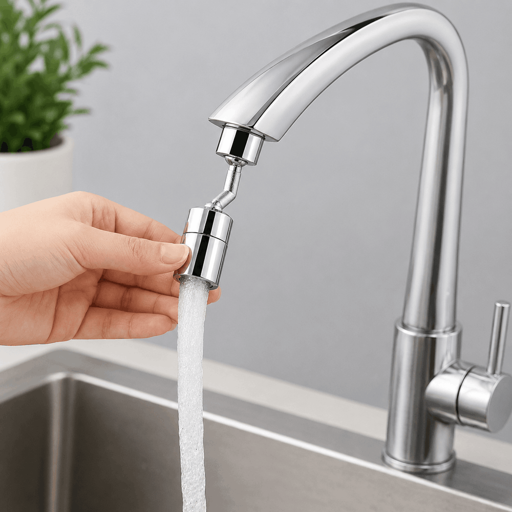 Hand turning on a modern kitchen faucet with water flowing.