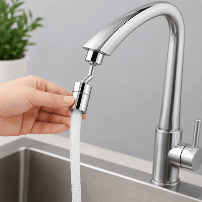 Hand turning on a modern kitchen faucet with water flowing.