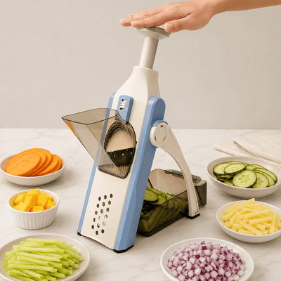 Hand using a mandoline slicer with sliced vegetables on plates around it.