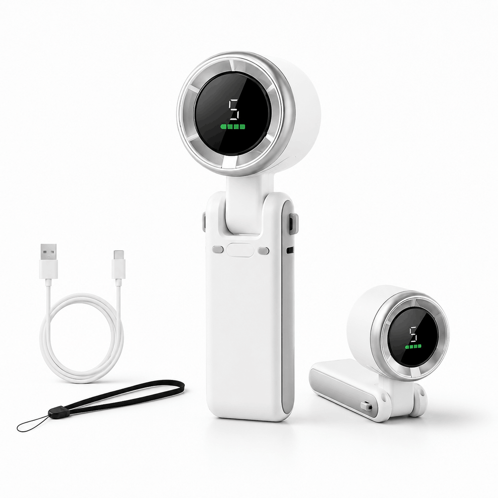 Handheld Portable Turbo Fan with foldable handle and circular air outlet shown next to USB charging cable