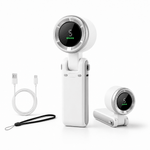 Handheld Portable Turbo Fan with foldable handle and circular air outlet shown next to USB charging cable