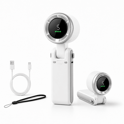 Handheld Portable Turbo Fan with foldable handle and circular air outlet shown next to USB charging cable