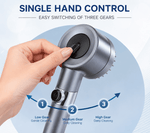 Handheld shower head with single hand control for easy switching of three gears on a light blue background.